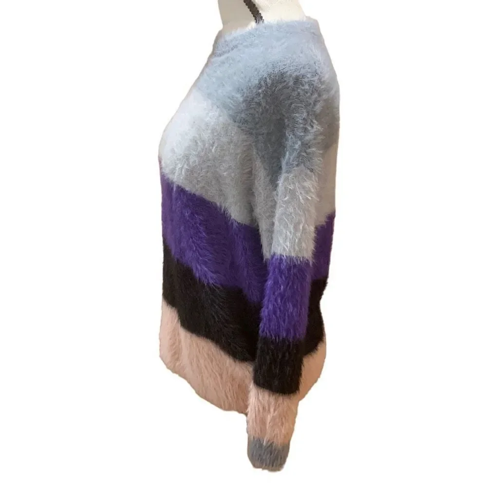 PRMA XS Fuzzy Eyelash‎ Knit Colorblk Striped Sweater Blue Purple Black Peach WMN